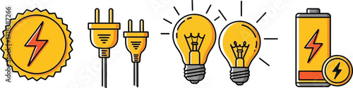 Illustration showing energy sources including lightning bolt, plugs, bulbs and a battery icon set up nicely