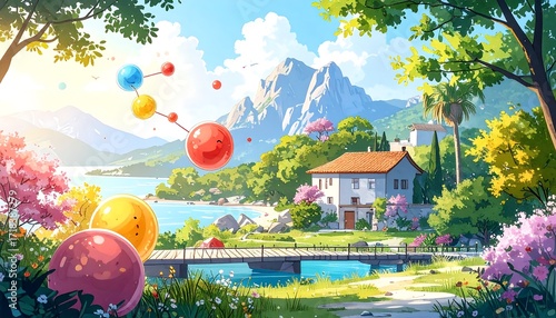 Vibrant landscape painting of a serene seaside home