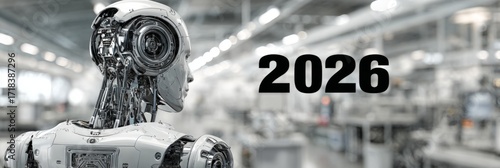 Artificial intelligence and robotics future concept, silver humanoid robot facing  typography in industrial smart factory  robotics industry,  manufacturing, futuristic automation, smart production