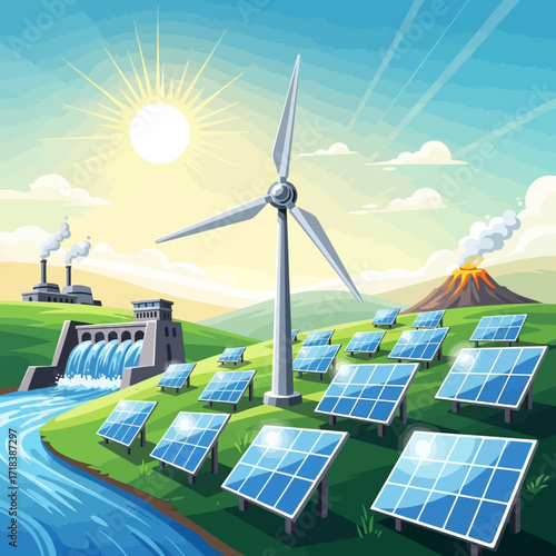Vibrant landscape illustration showcasing sustainable energy solutions with wind turbine, solar panels, hydroelectric dam, and geothermal volcano
