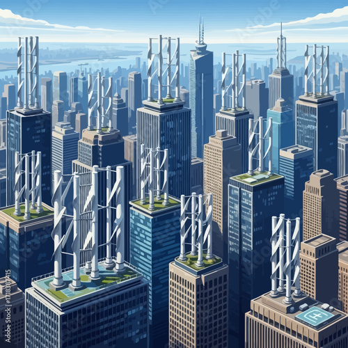 Futuristic cityscape with wind turbines on buildings offers a glimpse into sustainable urban living and renewable energy solutions for eco-conscious cities.