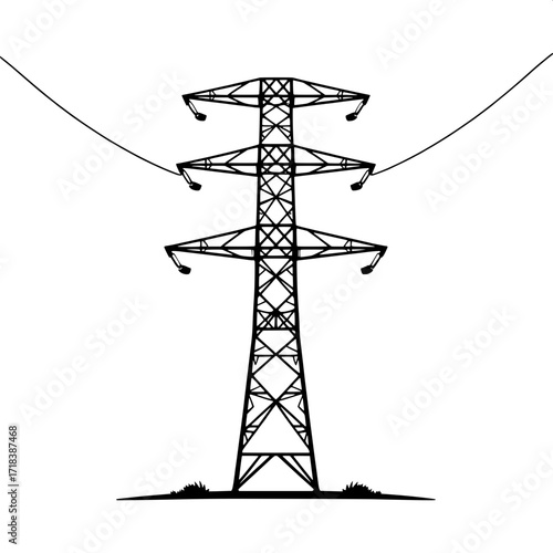 Symmetrical Poster Style
A modern poster-style vector graphic of a high-voltage pylon, thick black outlines on pure white. The design is symmetrical, bold, and minimal, with an emphasis on strong vert