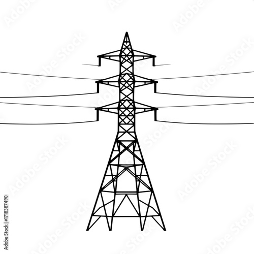 Symmetrical Poster Style
A modern poster-style vector graphic of a high-voltage pylon, thick black outlines on pure white. The design is symmetrical, bold, and minimal, with an emphasis on strong vert
