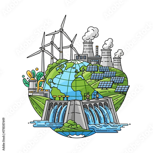 Sustainable future concept featuring wind turbines, solar panels and a dam on a globe promoting clean energy and environmental awareness beautifully illustrated