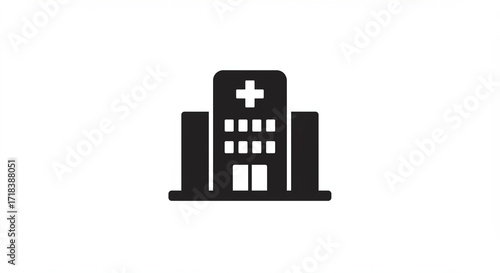 High-Quality Hospital Building Icon:  A Simple, Clean Vector Illustration of a Modern Medical Facility Perfect for Websites, Apps, and Presentations. This easily scalable black and white graphic fe...