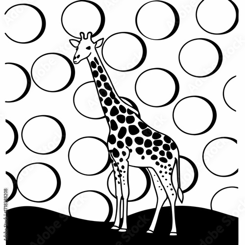 A charming black and white illustration of a giraffe standing on a dark ground with a background of large bold circles creating a playful and whimsical pattern perfect for children s designs