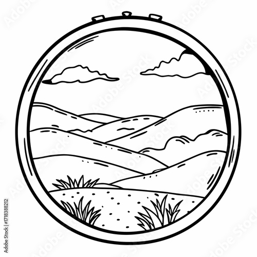 A charming hand drawn black and white illustration of a rolling landscape with soft hills and fluffy clouds framed within a circular embroidery hoop evoking a sense of nature and craft