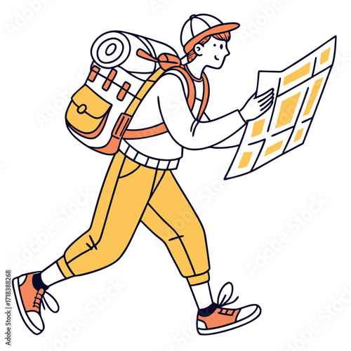 A cheerful young traveler wearing a backpack and a cap confidently walks while holding and studying a folded map planning their next adventure with a determined expression and bright clothing