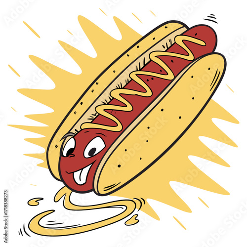 A cheerful cartoon hot dog character with a smiling face and a zigzag of mustard bursting with energy and speed ready to be enjoyed