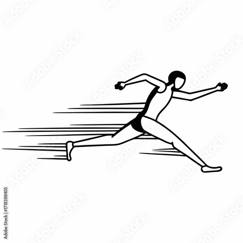 A dynamic black and white line art illustration depicts a stylized athlete in mid stride conveying a strong sense of speed and forward momentum against a clean white background