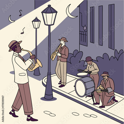 A jazz quartet performs on a moonlit city street at night with a saxophonist trombonist drummer and banjo player creating a lively musical atmosphere under streetlights