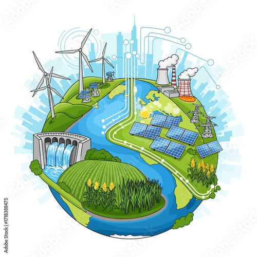 Embrace vibrant sustainable energy with this illustration of wind turbines, solar panels, hydro dams powering a greener Earth, perfect for ecology projects