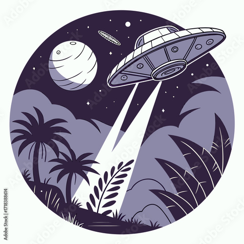 A mysterious flying saucer descends from the starry night sky casting bright beams of light onto a tropical landscape with palm trees and exotic foliage under a large cratered moon