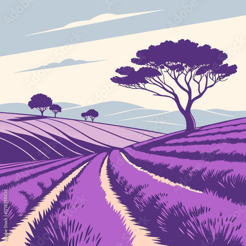 A picturesque lavender field stretches across rolling hills under a soft sky with a solitary tree standing tall and a winding path inviting exploration through the fragrant purple blooms
