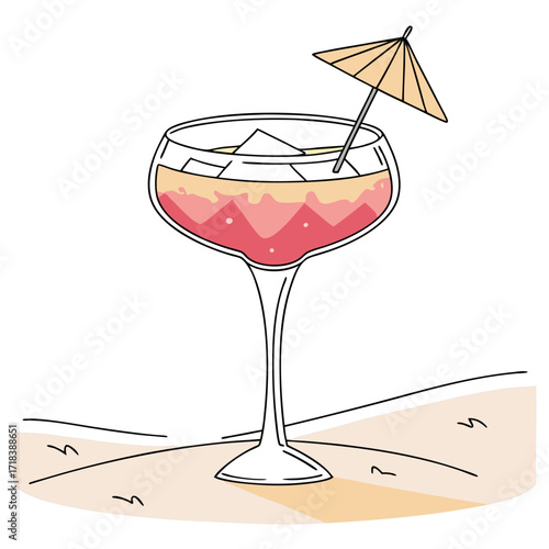 A refreshing pink and yellow layered cocktail in a coupe glass adorned with an umbrella and ice cubes sits on a sandy beach with abstract waves and a white background