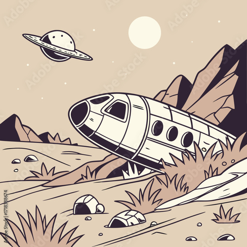 A retro cartoon illustration depicts a crashed spaceship partially buried in the barren landscape of an alien planet with a ringed planet and a large moon in the sky