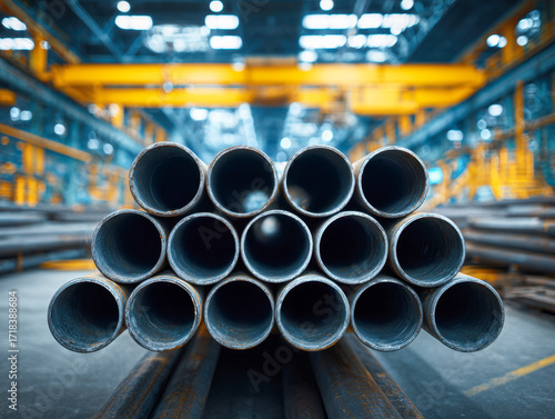 Stacked metal pipes arranged in a pyramid shape inside a spacious industrial warehouse with bright overhead lighting and yellow structural beams in the background