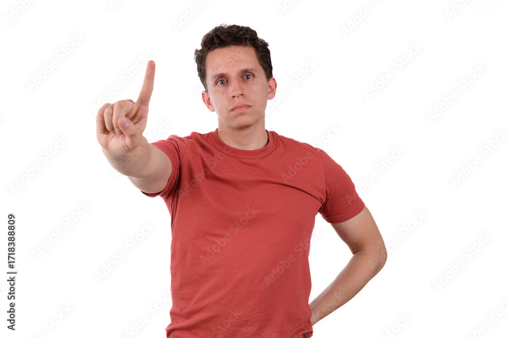 Naklejka premium Man wearing a red shirt on a white background making a no sign, negation