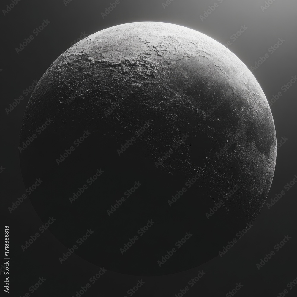 Naklejka premium A grayscale depiction of a textured celestial body, highlighting its cratered surface against a dark cosmic backdrop.