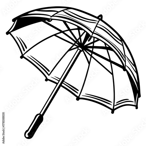 A simple black and white line drawing of an open umbrella with a curved handle isolated on a white background perfect for weather related designs