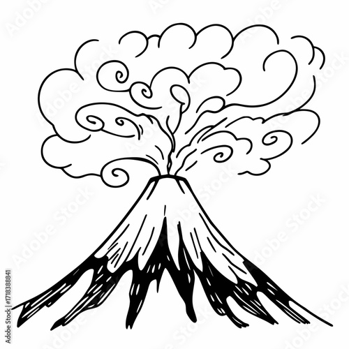 A simple hand drawn black and white line art illustration of a cone shaped volcano erupting with smoke and ash billowing out from the crater into the sky above