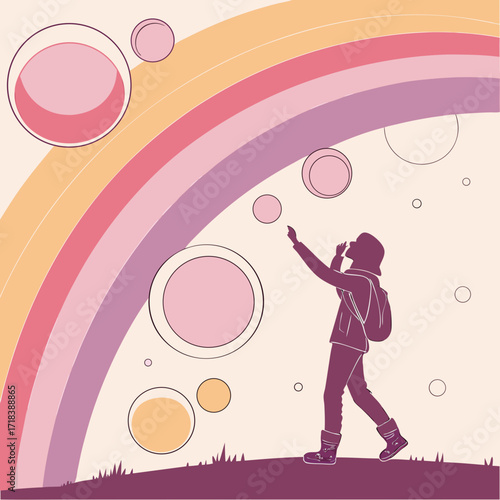 A solitary figure in silhouette reaches towards floating pastel colored bubbles against a backdrop of a stylized rainbow and a pale cream sky with a grassy foreground