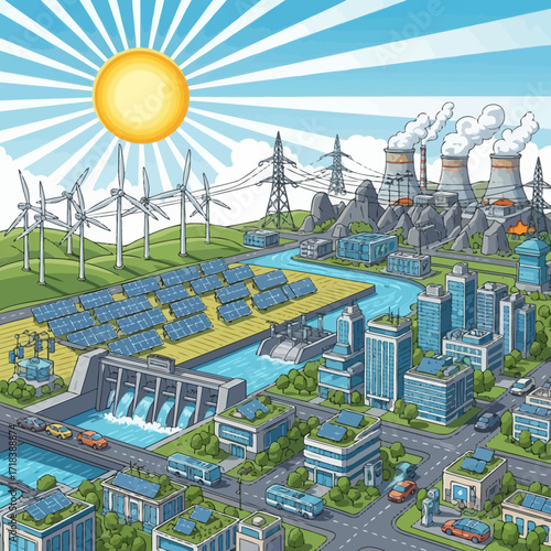 Sustainable city concept featuring solar panels, wind turbines, hydroelectric dam, and nuclear plant offering a vision of clean energy future
