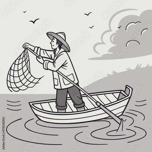 A solitary fisherman wearing a wide brimmed hat and jacket rows a small boat on calm water holding a fishing net ready to catch something