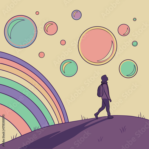 A solitary figure with a backpack walks on a grassy hill towards a vibrant rainbow and a sky filled with colorful floating bubbles representing dreams and imagination