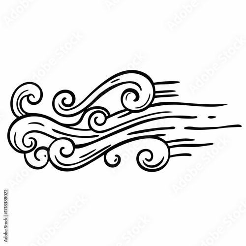 A stylized black and white illustration depicting swirling wind currents and flowing lines representing the movement and force of air in a simple graphic design