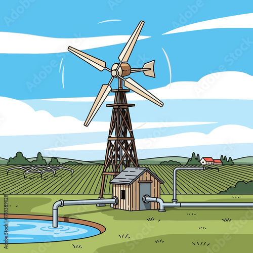 Sustainable farming with a wind powered water pump brings a fresh supply to the land, fueling growth and prosperity for future generations