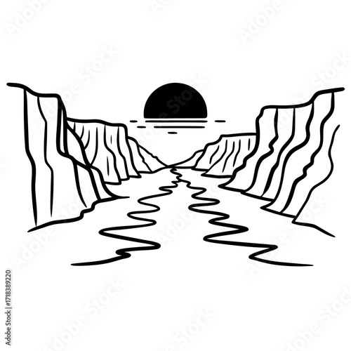 A stylized black and white line drawing depicts a winding river flowing through a canyon with a large black sun setting over the horizon