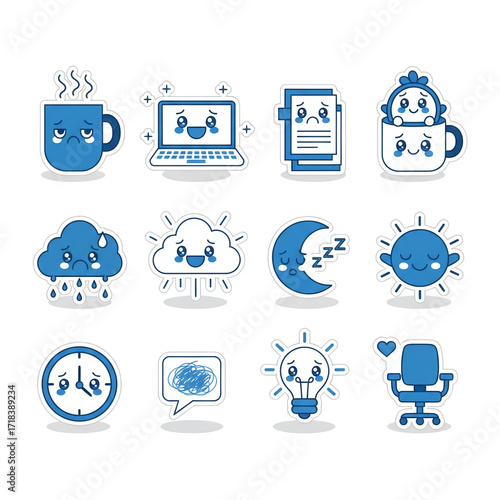 A sticker pack themed around office woes. Cute, funny blue stickers with emotions depicting coffee, a laptop, weather icons, a light bulb, an alarm clock, office papers, a chair, and a workspace.