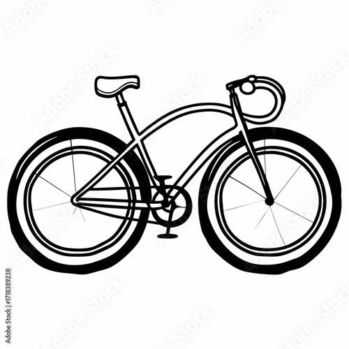 A stylized black and white line drawing of a classic bicycle with a curved frame comfortable seat and drop handlebars isolated on a white background