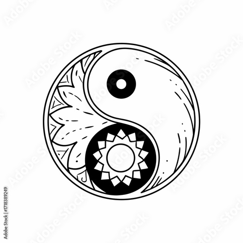 A stylized black and white yin yang symbol featuring intricate mandala like patterns within each half representing balance harmony and duality in a clean graphic design