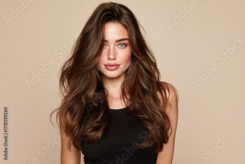 Portrait of a Young Woman with Long Wavy Hair Wearing a Black Top on Beige Background.