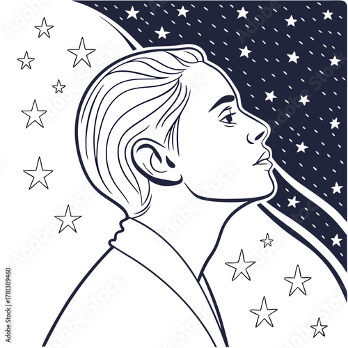 A stylized profile illustration of a young person looking upwards towards a starry night sky embodying dreams and aspirations