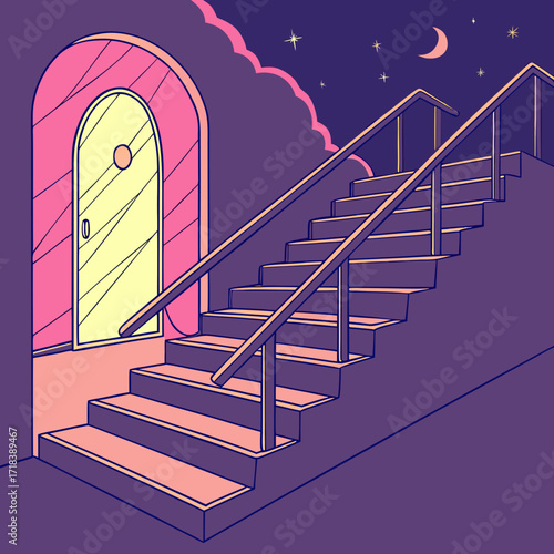 A surreal dreamscape unfolds with a glowing arched doorway and a winding staircase leading upwards towards a starry night sky with a crescent moon and soft pink clouds
