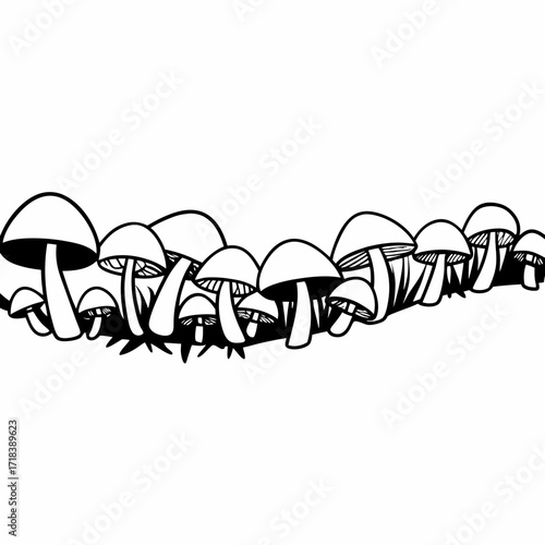 A whimsical line of hand drawn black and white mushrooms in a row creating a border or decorative element on a clean white background
