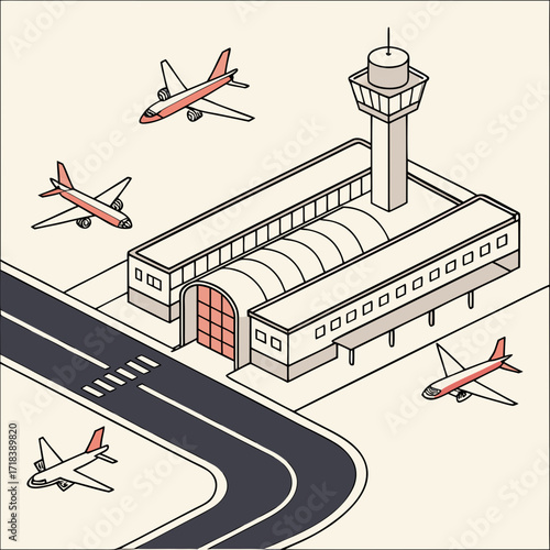 An isometric illustration of a modern airport terminal building with a control tower and several airplanes on the tarmac and in the sky depicting travel and aviation