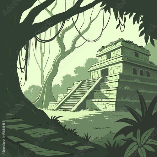 Ancient stone pyramid temple with steep stairs overgrown with lush jungle vegetation and hanging vines framing the scene with a path leading towards the structure