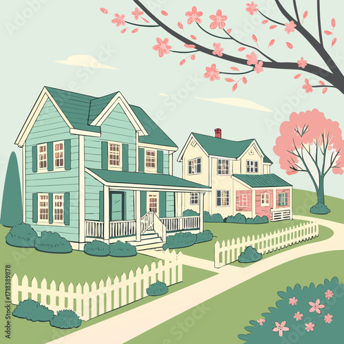 Charming suburban neighborhood with two picturesque houses and blooming trees in springtime featuring white picket fences and lush green lawns under a soft blue sky