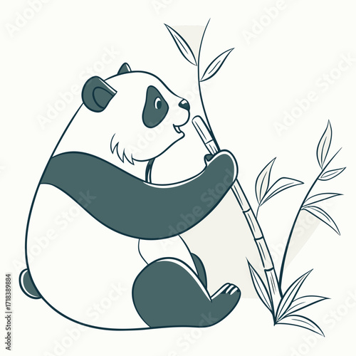 Charming cartoon illustration of a cute panda bear sitting and happily eating a stalk of bamboo surrounded by fresh green bamboo leaves and branches against a clean white background