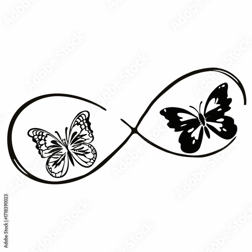 Elegant black and white infinity symbol intertwined with two detailed butterflies representing eternal love transformation and freedom in a simple symbolic design