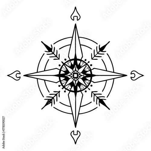 Elegant black and white line art compass rose with intricate starburst center and directional arrows symbolizing guidance direction and exploration on a clean white background