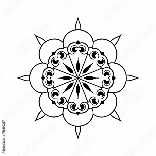 Intricate black and white mandala design with symmetrical floral patterns and pointed petal elements radiating from a central star shape creating a decorative and artistic motif
