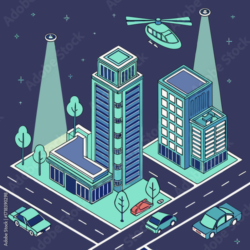 Isometric night cityscape illustration featuring modern buildings a helicopter streetlights cars and trees against a dark starry sky conveying urban development and nighttime activity