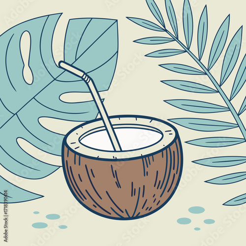Refreshing half coconut with a straw and tropical leaves in a minimalist flat design style evoking a summer vacation vibe