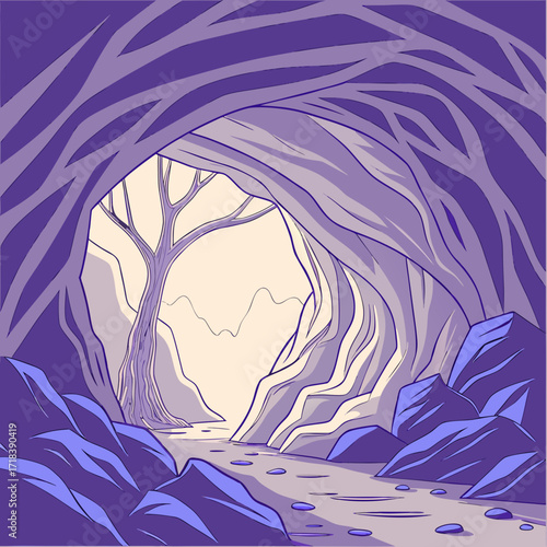 Mysterious cave entrance opens to a surreal landscape with a bare tree and distant rolling hills under a soft warm light