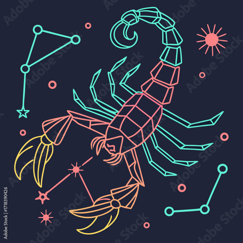 Scorpio zodiac constellation stylized illustration with celestial elements and geometric lines in vibrant neon colors against a dark background
